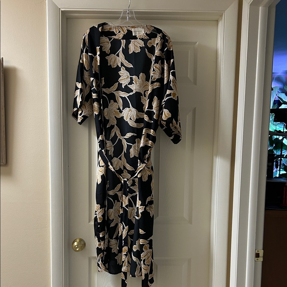 Classic Black and Beige Floral Wrap Dress